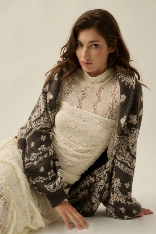 Paisley Jacquard Knit Dolman Shrug Cardigan