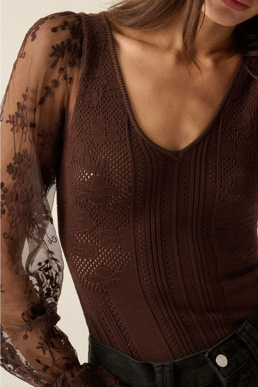 Floral and Ribbed Knit Lace Bodysuit