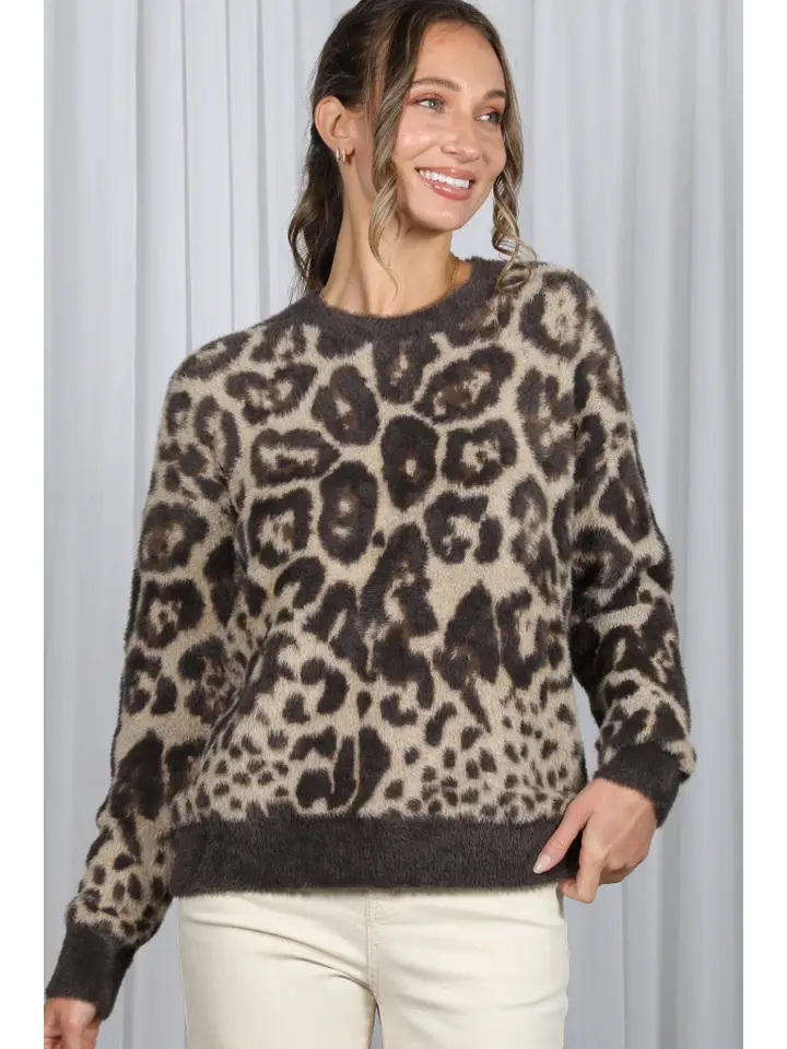 Leopard Fluffy Crewneck Fuzzy Sweater