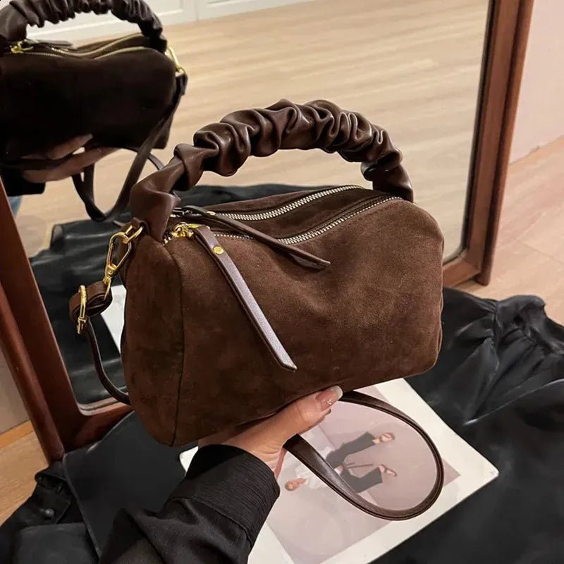 Faux Suede Ruched Handle Crossbody/Satchel Bag