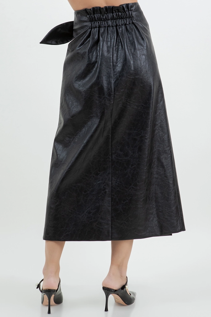 Ankle Length Midi Pu Wrap Skirt with Tie Closure