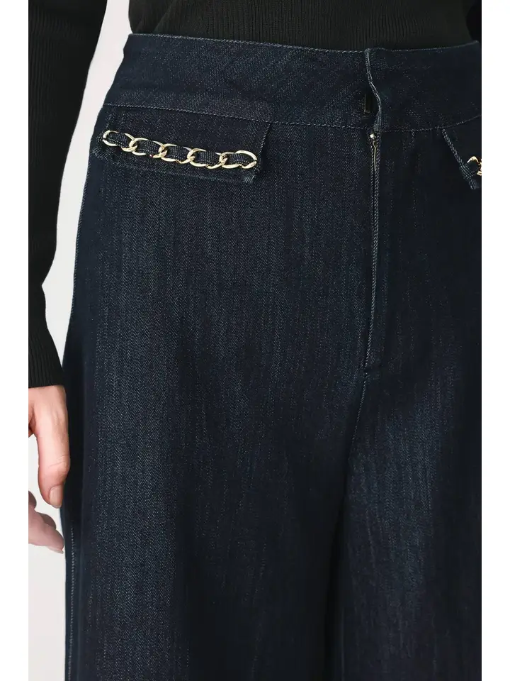 Denim Wide Leg Pant with Chain Trim on Pockets