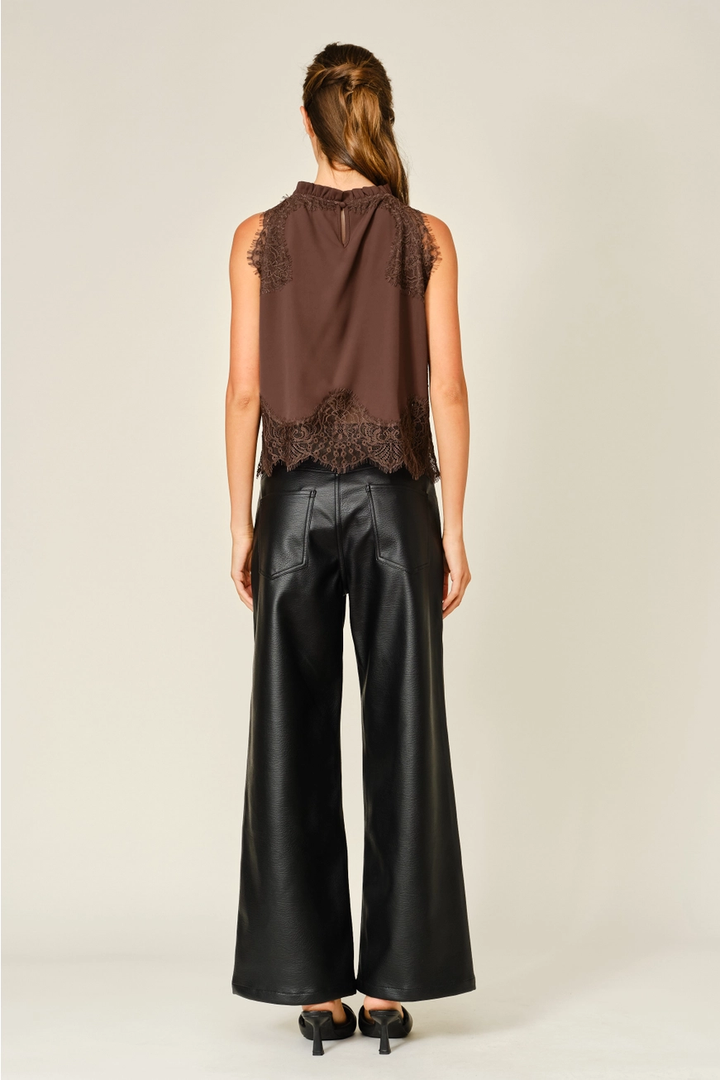 Vegan Leather Floral Cutout Wide Pants