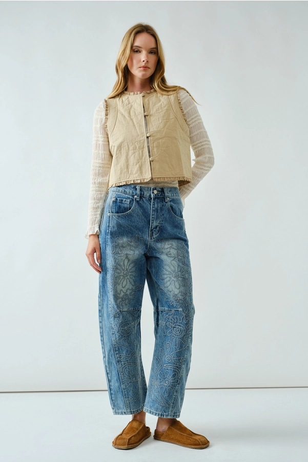 Embroidered Detail Cotton Barrel Pants
