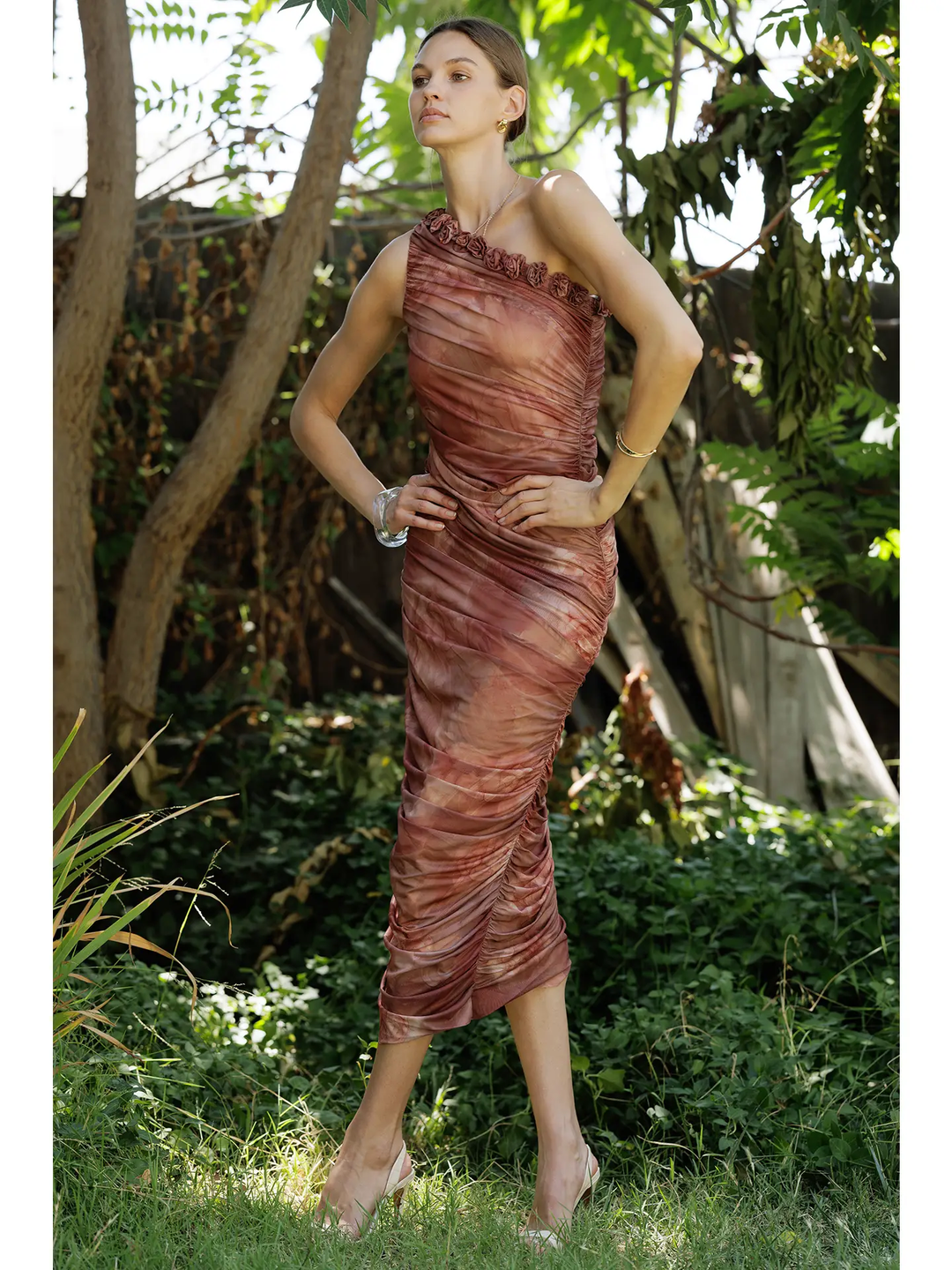 Mira Ruched Midi Dress with Rosette Trim