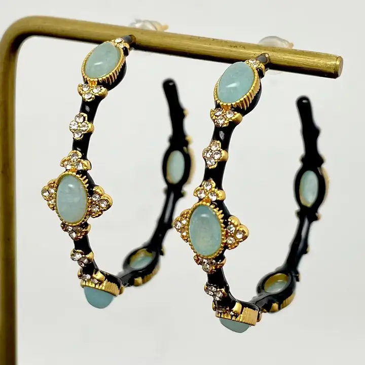 Green Aventurine Black Enamel Hoop Earrings