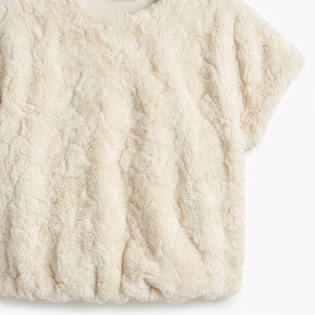 Close-up of the cream faux fur top showing its plush pebble-textured fabric.