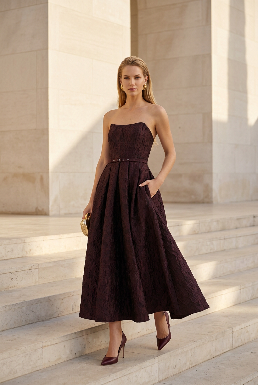 Tricia wearing the burgundy embossed strapless midi dress with wine-colored heels and a gold clutch on limestone steps