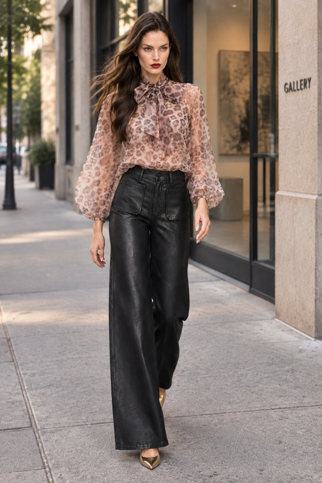 Sloane wearing black coated patch-pocket wide-leg jeans with a printed bow blouse and gold pumps outside a gallery