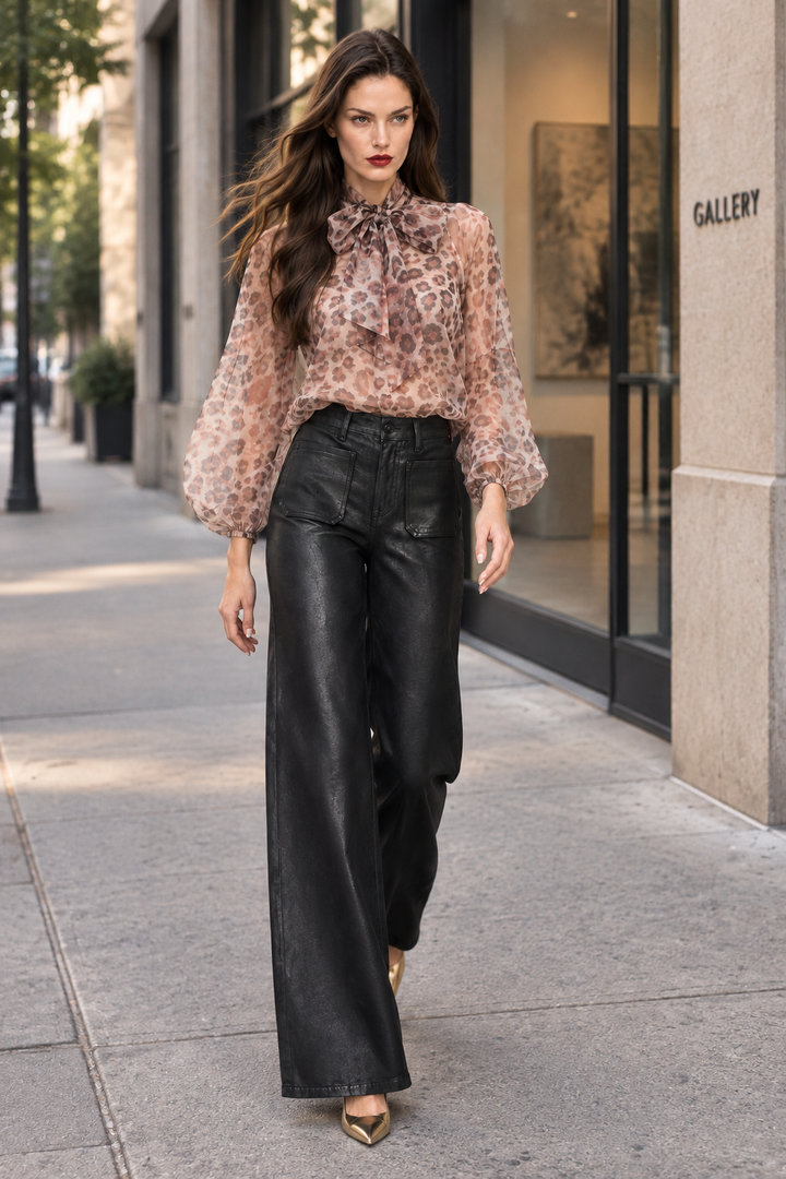 Sloane wearing black coated patch-pocket wide-leg jeans with a printed bow blouse and gold pumps outside a gallery