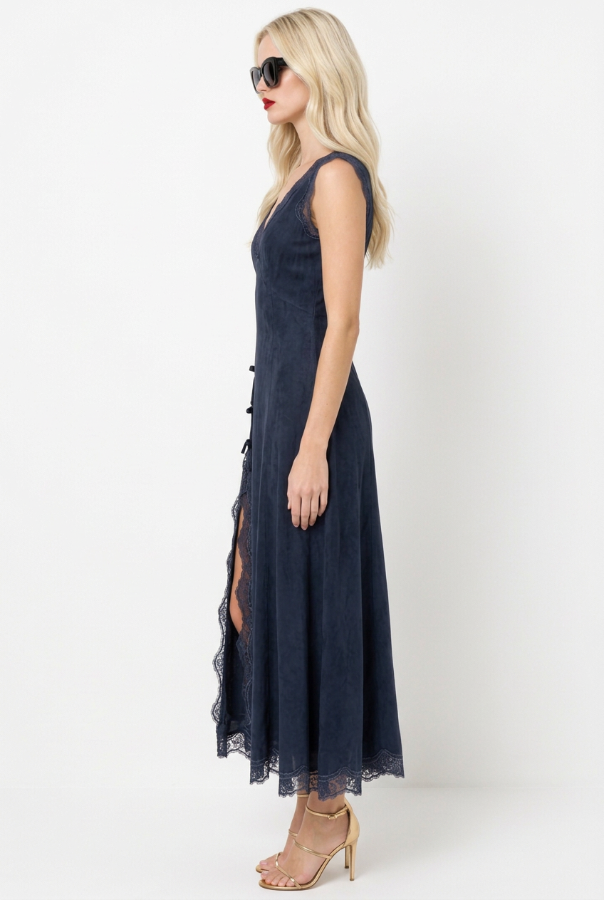 Tiffany wearing the blue Lace Insert V Neck Midi Dress, side view