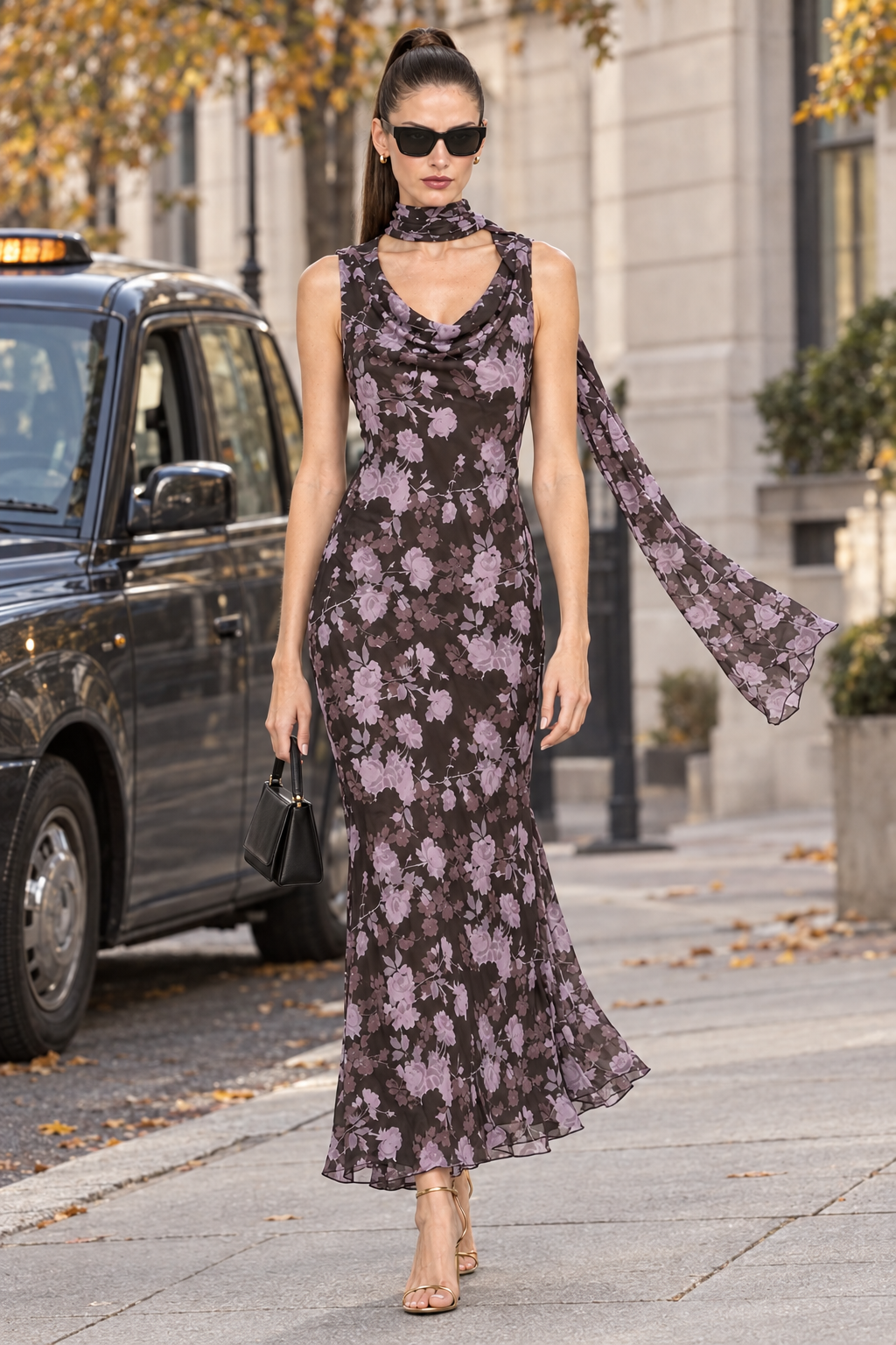 Sloane wearing Noelle floral chiffon maxi dress and sunglasses while walking away from a city cab with a small black bag