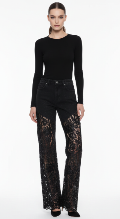 Black High Rise Wide Leg Jeans with Lace Spliced