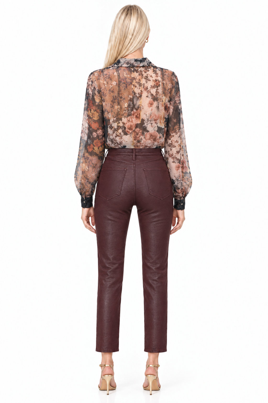 Back view of Tiffany in Winery slim-straight coated pants with blouse tucked in, showing waistband and back pockets