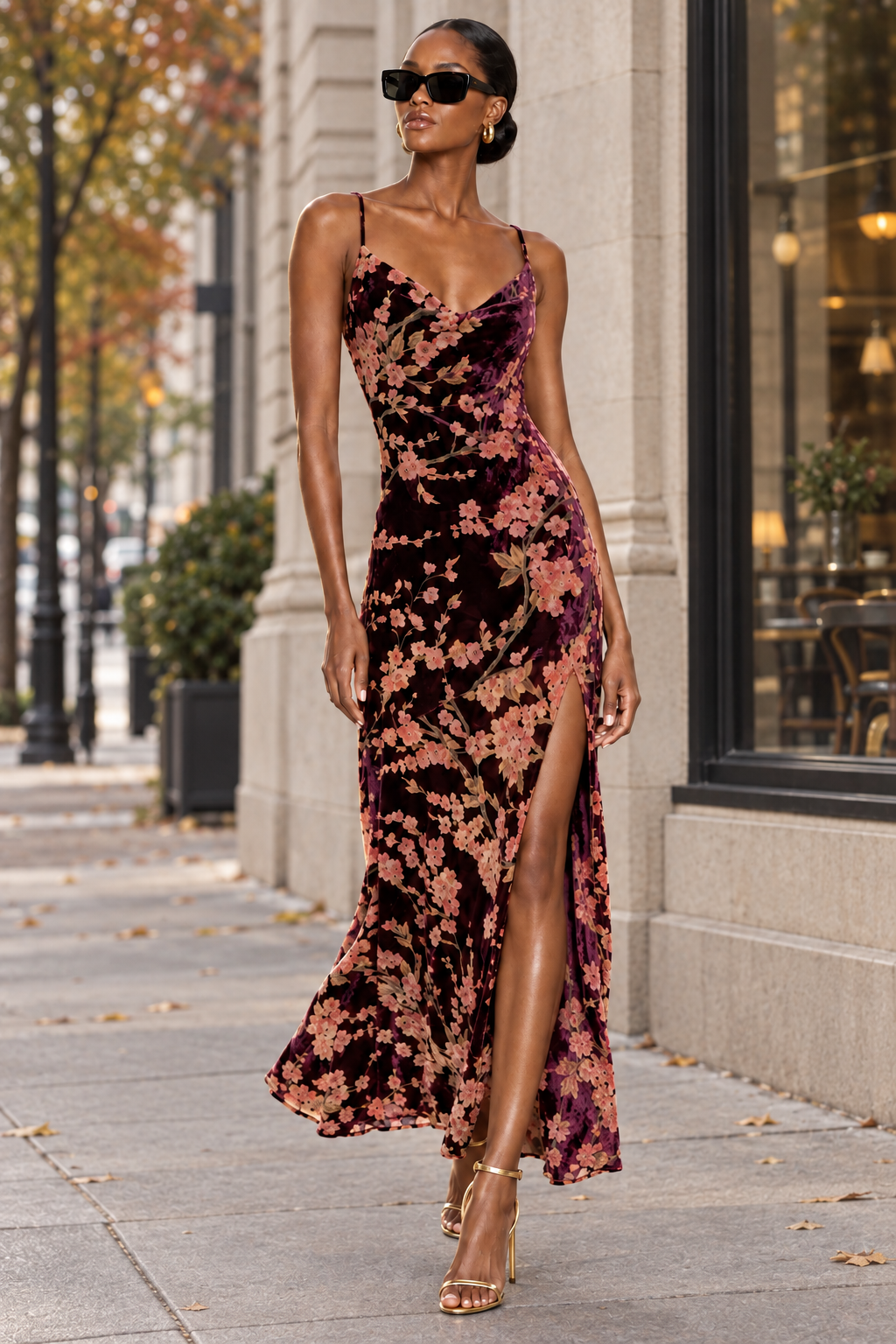 Beciga model wearing burgundy floral velvet maxi dress and gold heels on a subtle early fall city street