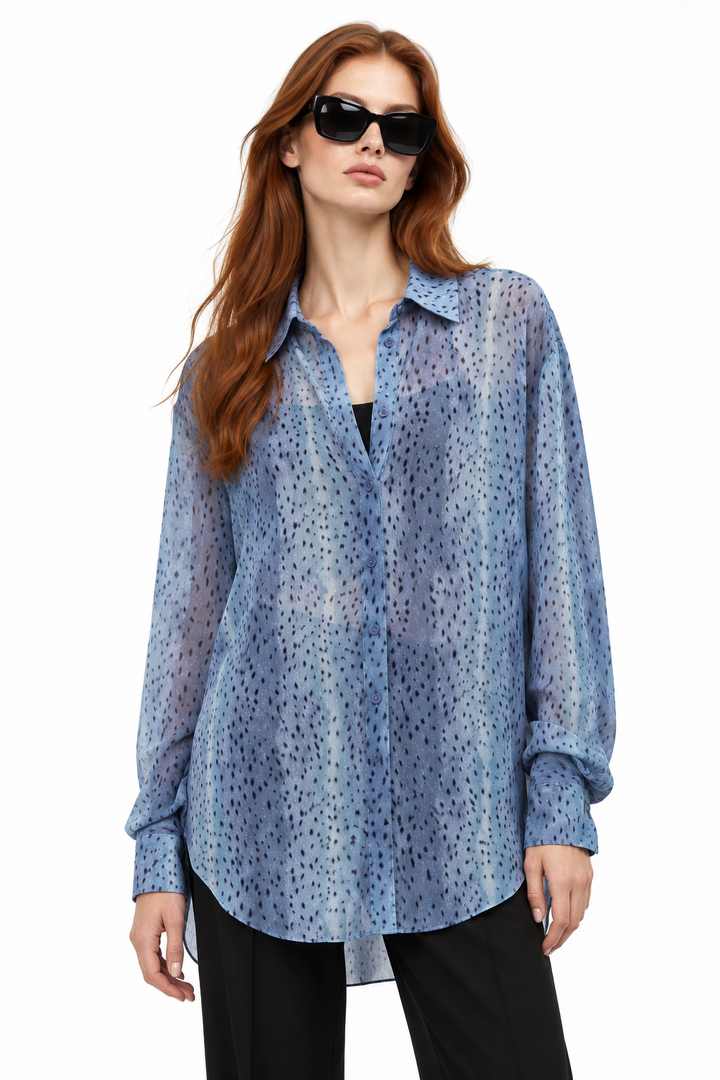 Redhead Beciga model wearing Bambi Print Soft Woven Button Down Shirt, front view