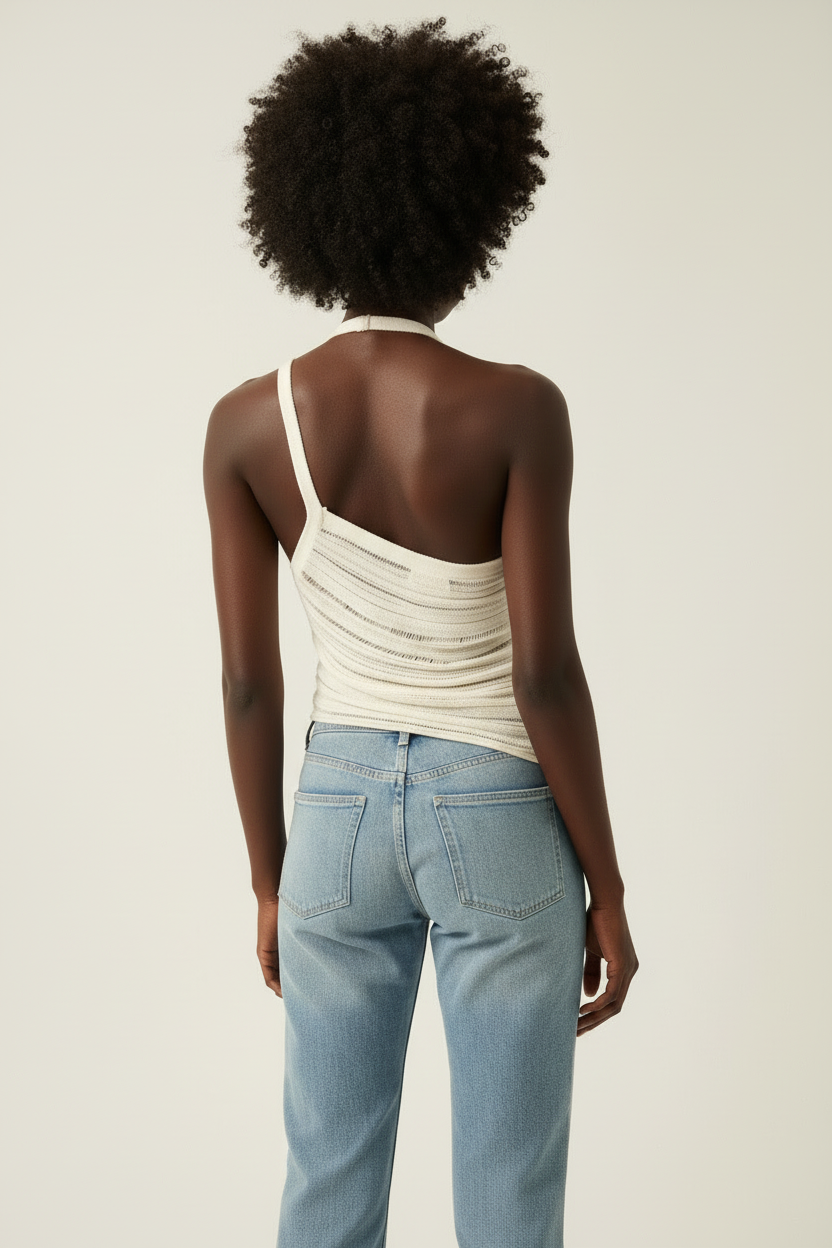 Off-white semi-sheer ladder knit asymmetrical halter top - back view on white background