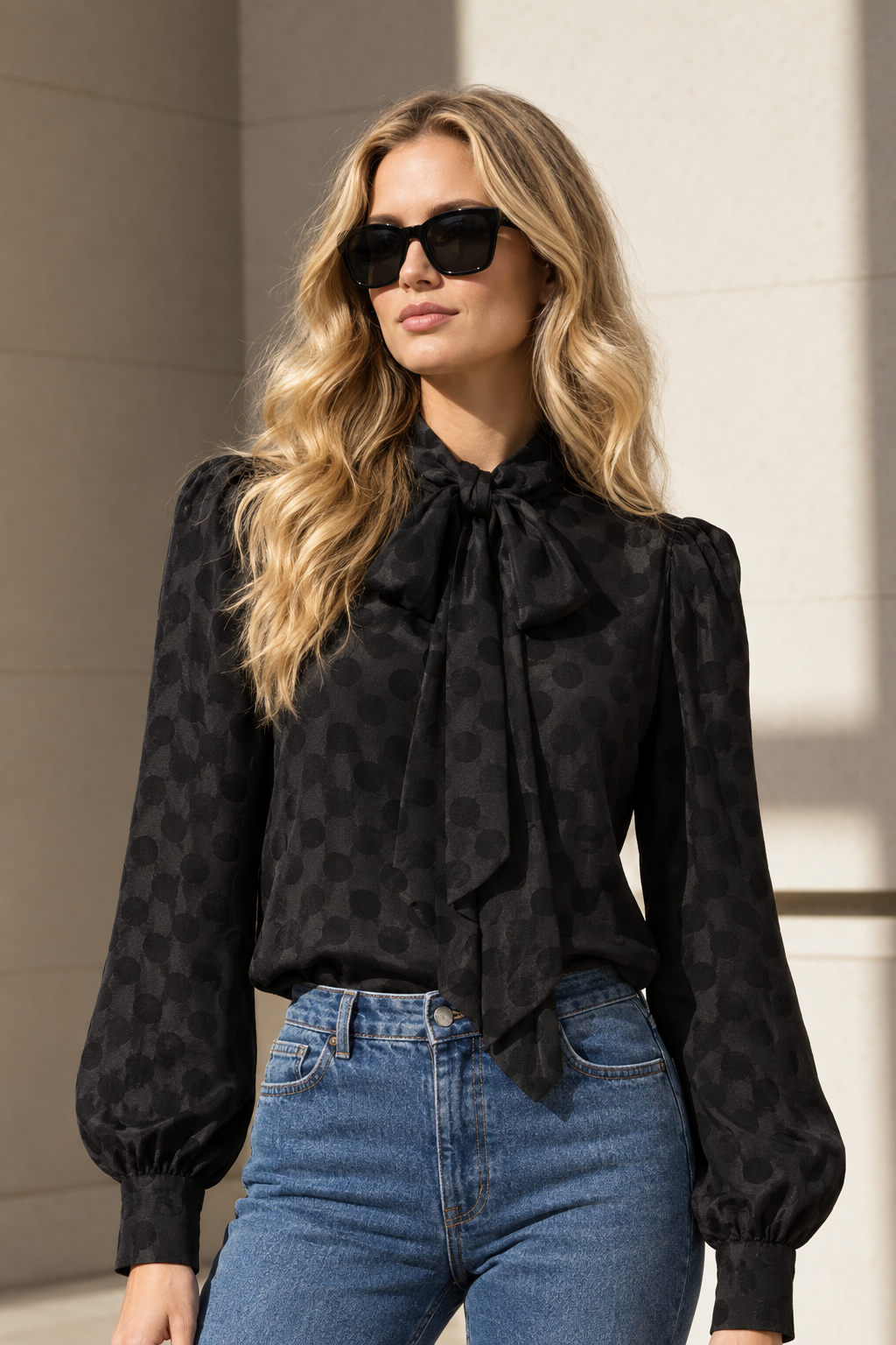 Tracey in the black tie-neck tonal polka-dot blouse, waist-up against sunlit stone architecture