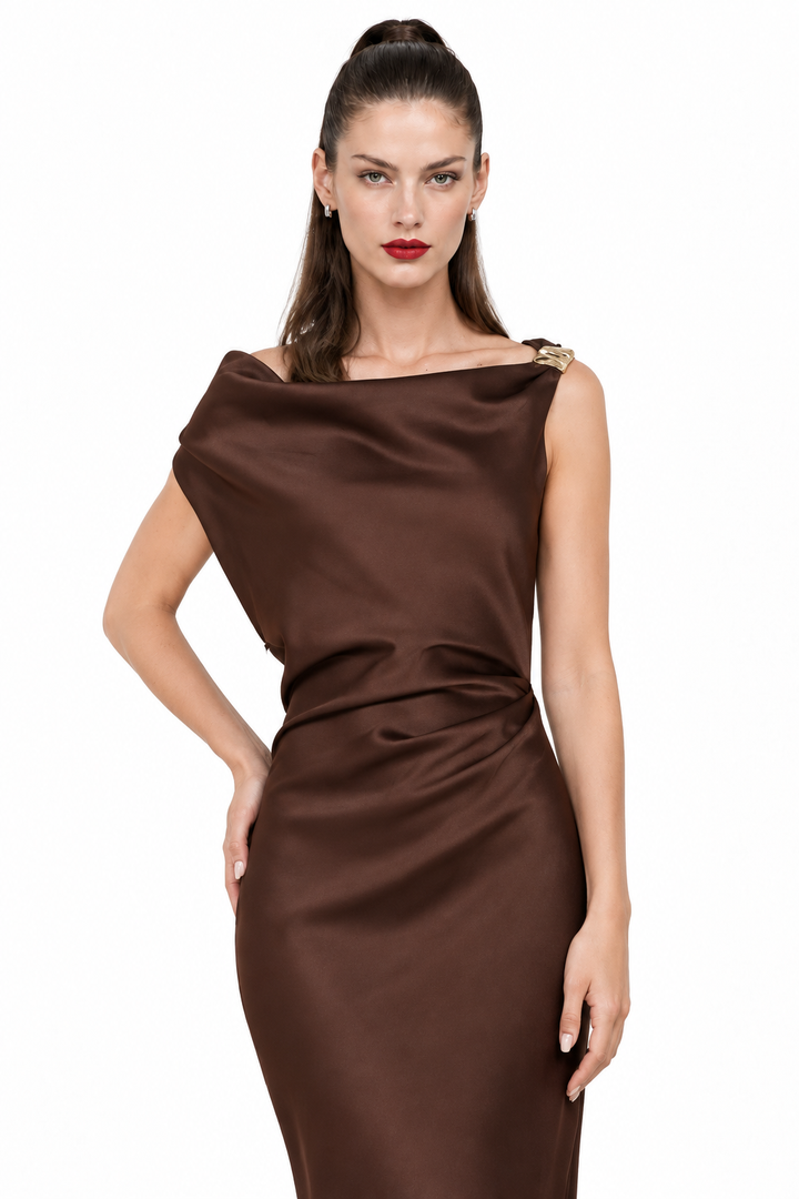 Sloane wearing Rum Raisin satin ruched midi dress, front detail