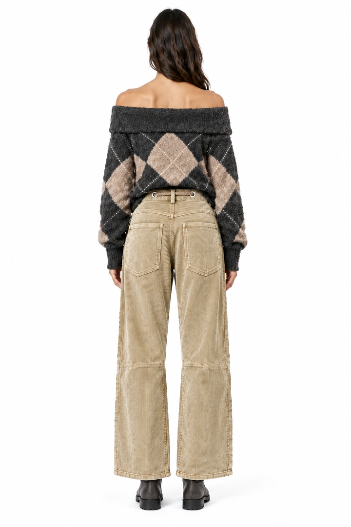 Back view of camel corduroy barrel pants with two back patch pockets and charcoal combat boots