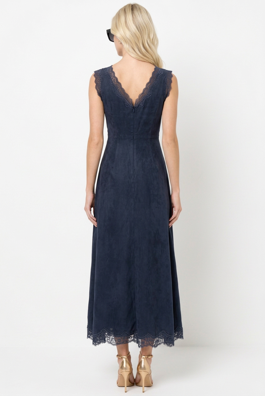 Tiffany wearing the blue Lace Insert V Neck Midi Dress, back view