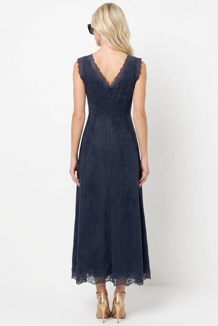 Tiffany wearing the blue Lace Insert V Neck Midi Dress, back view