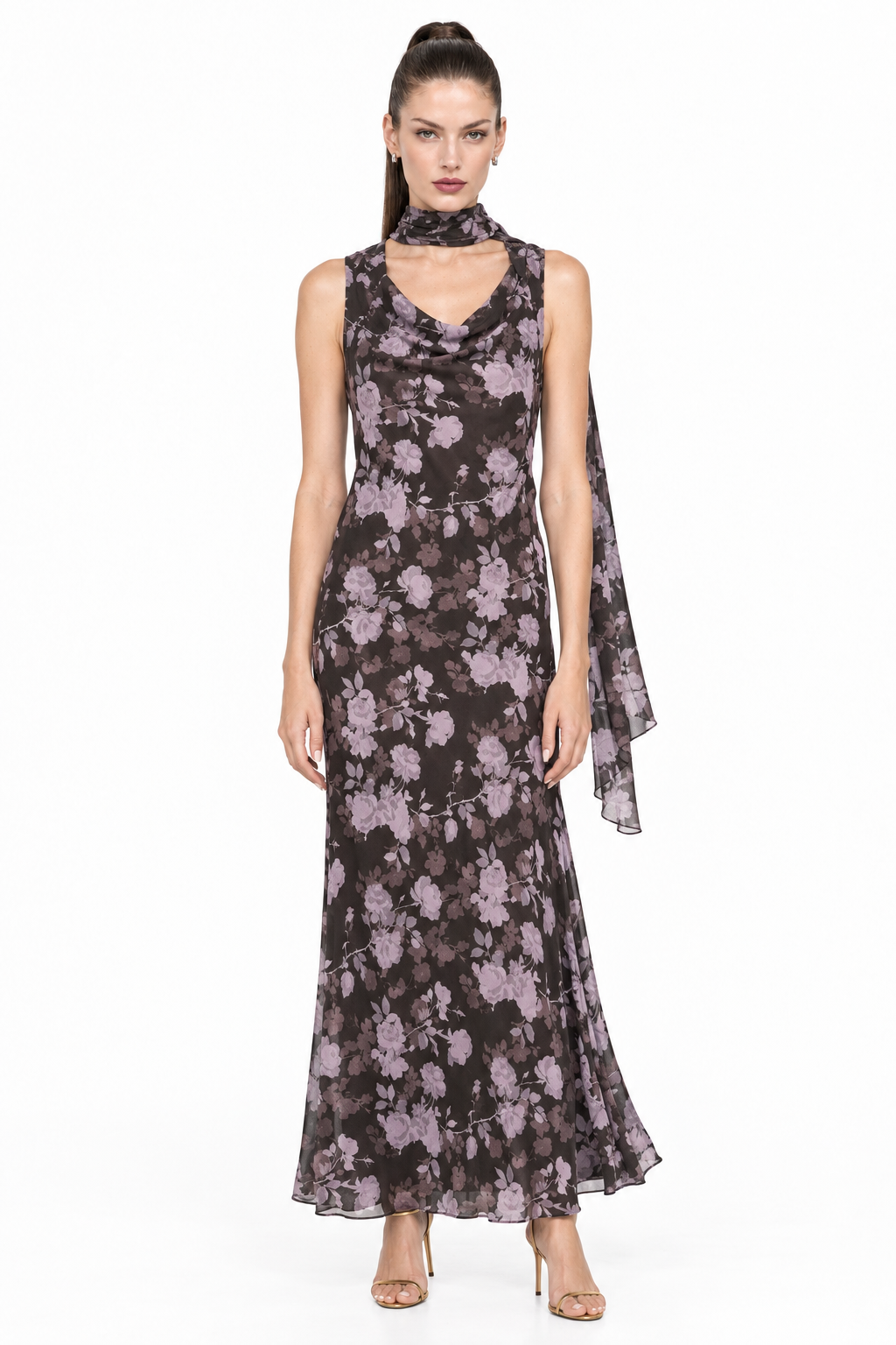 Sloane in Noelle dark brown lavender floral chiffon maxi dress with matching scarf, front view