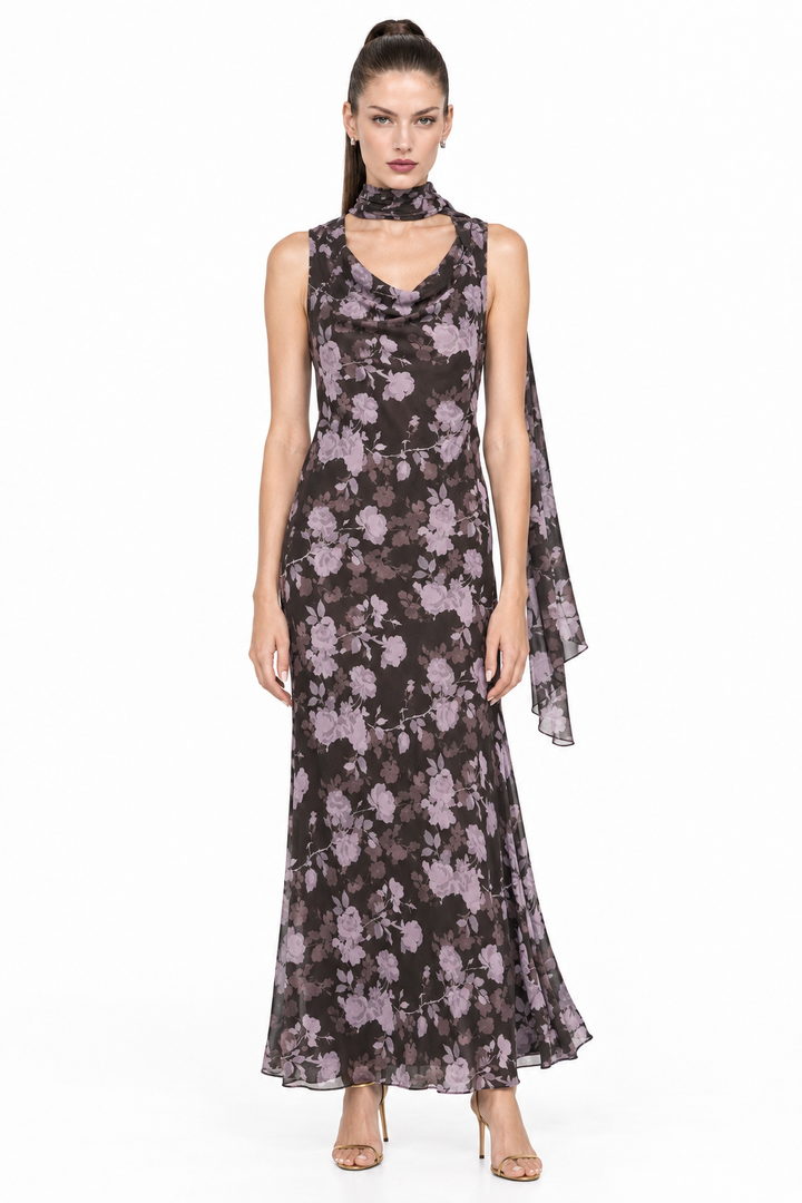 Sloane in Noelle dark brown lavender floral chiffon maxi dress with matching scarf, front view