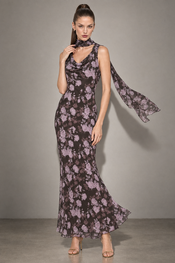 Sloane posing in Noelle dark brown and lavender floral chiffon maxi dress with matching flowing scarf