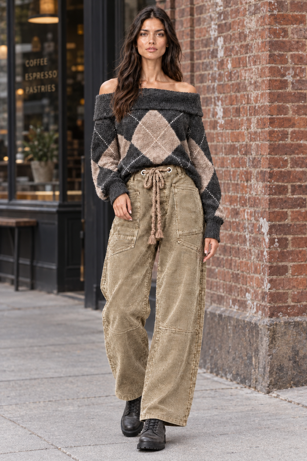 Beciga brunette model wearing camel corduroy barrel pants, argyle sweater and charcoal combat boots on a city sidewalk