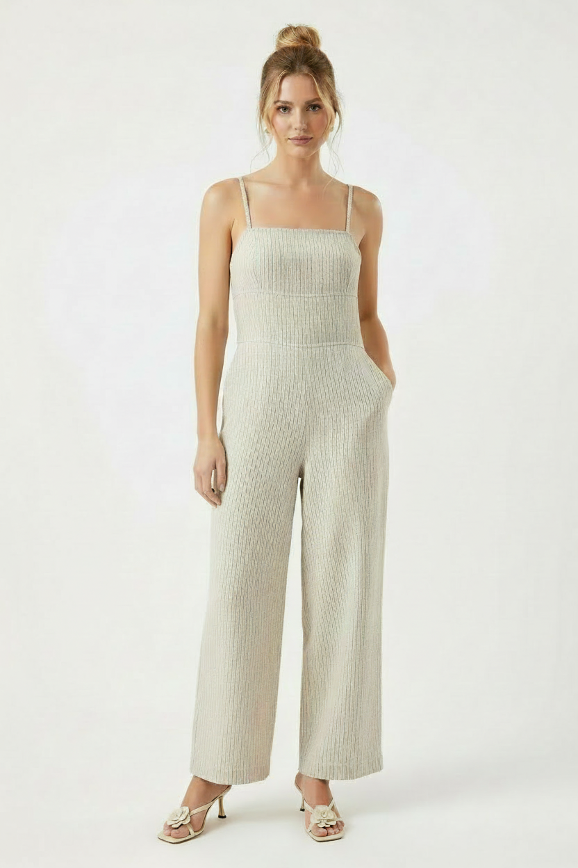 Striped Linen Jumpsuit - Front View