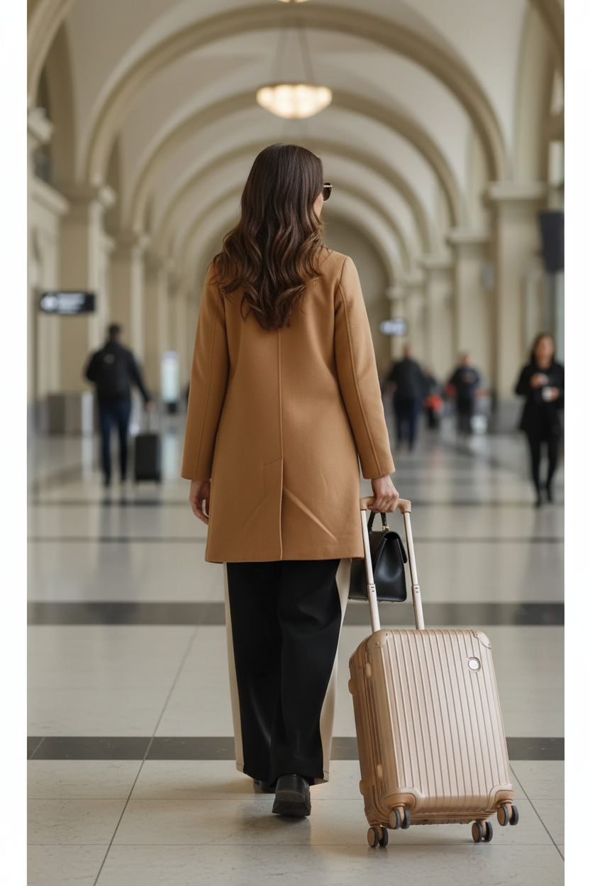 Back view of a model wearing black wide-leg pants with an ivory side stripe while walking through an airport with luggage