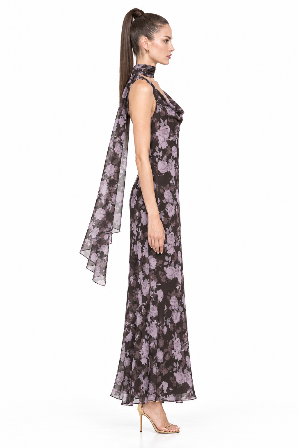 Side view of Sloane wearing Noelle floral chiffon maxi dress and matching scarf