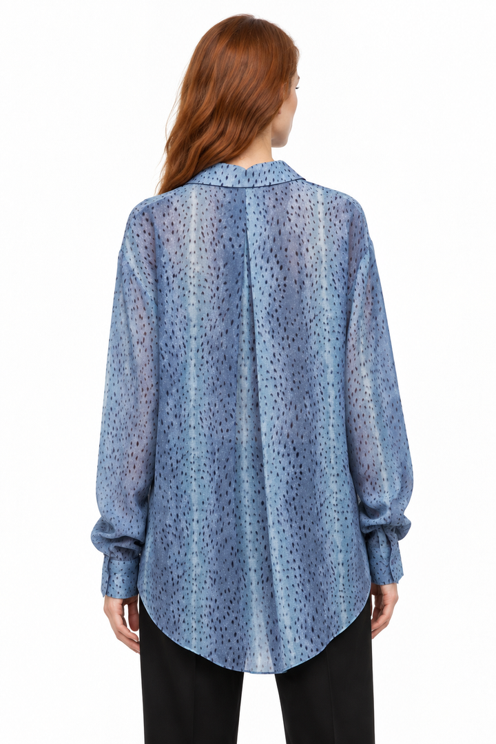 Redhead Beciga model wearing the Bambi Print Soft Woven Button Down Shirt, back view
