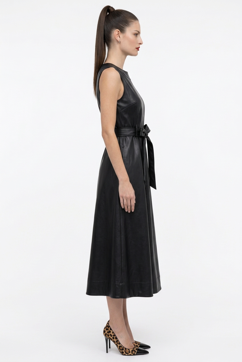 Side view of black faux leather sleeveless belted dress on Sloane