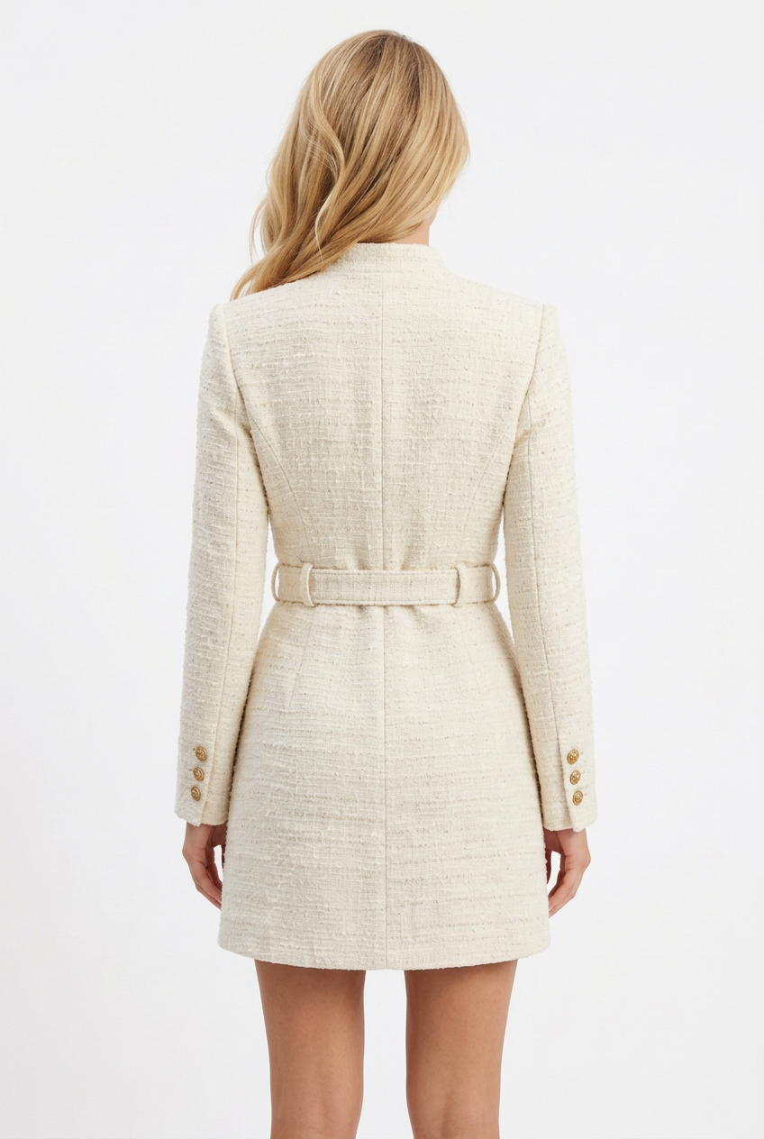 Back view of Tricia wearing the ivory Vivienne Tweed Longline Coat on a white background.