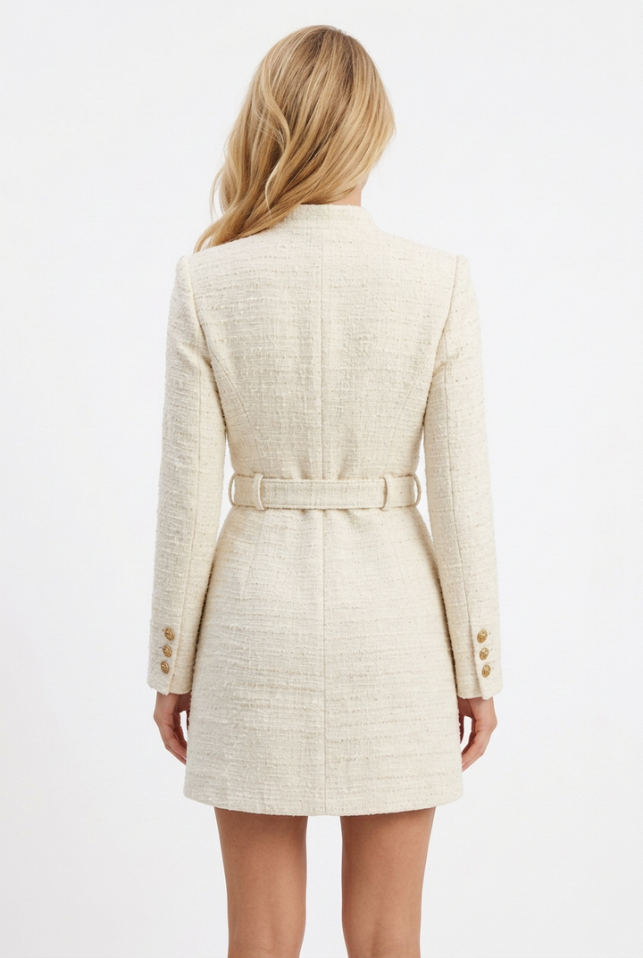 Back view of Tricia wearing the ivory Vivienne Tweed Longline Coat on a white background.