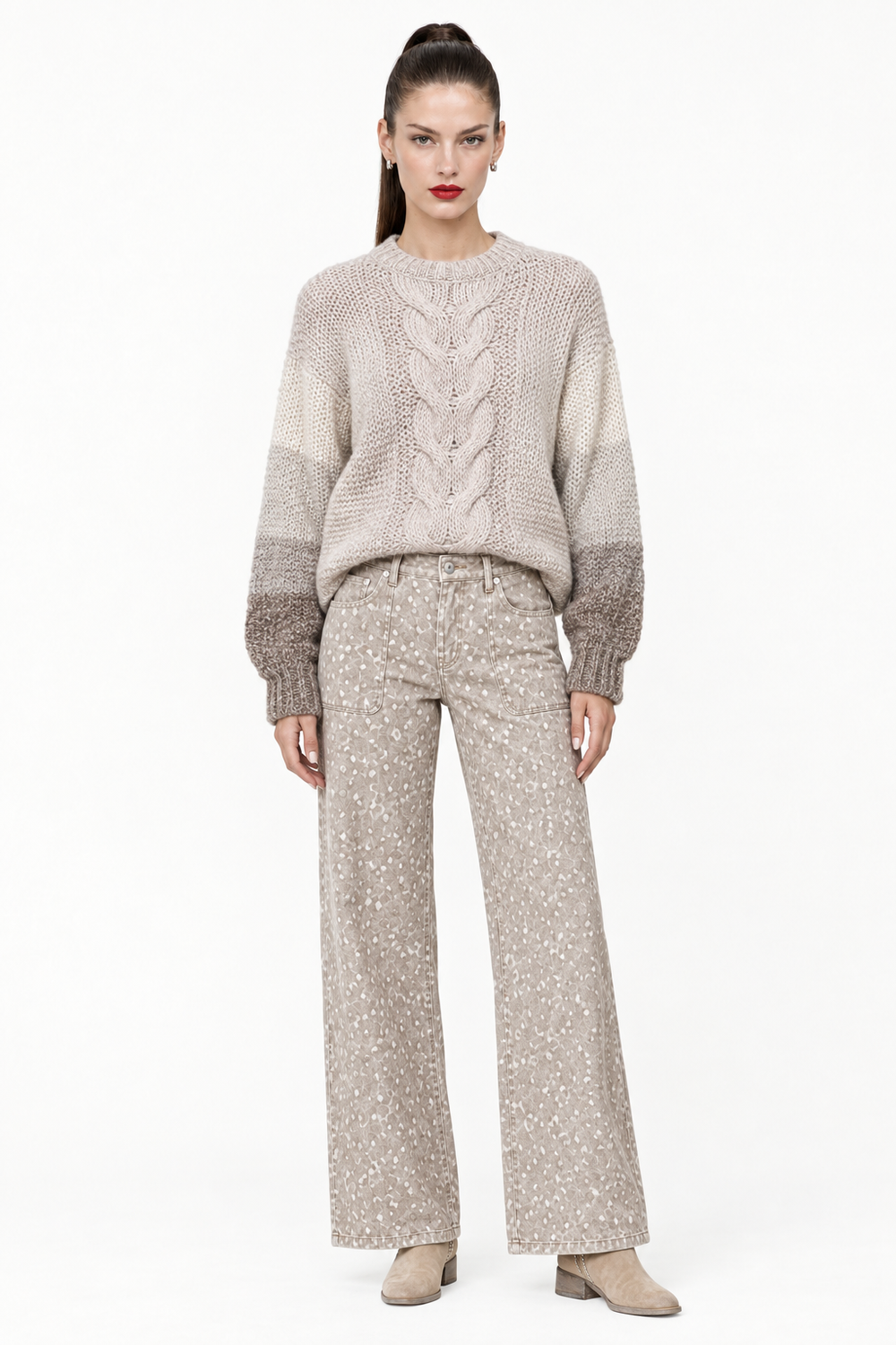 Sloane wearing the Color Block Cable Knit Sweater with Fantastic Fawn jeans, front view