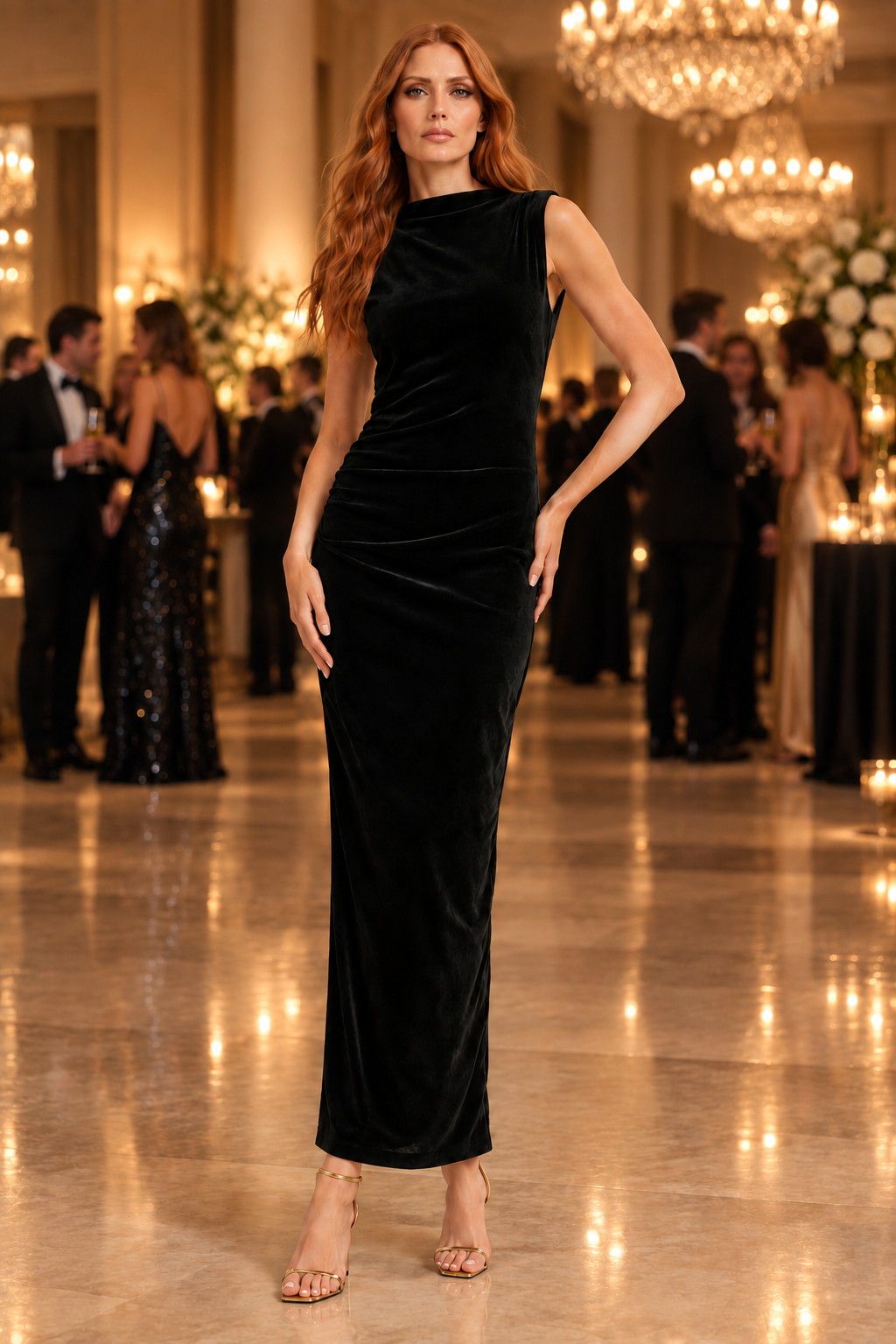 Redhead Beciga model without sunglasses in black velvet maxi dress and gold heels at an elegant indoor party