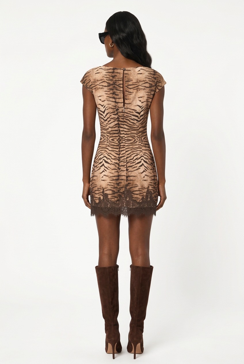 Cici wearing the taupe tiger-print lace-hem mini dress with brown suede knee-high boots, back view
