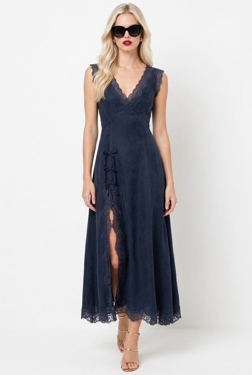 Tiffany wearing the blue Lace Insert V Neck Midi Dress, front view