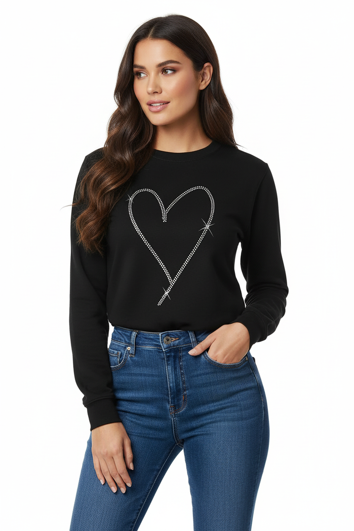 Black Rhinestone Heart Pattern Sweatshirt