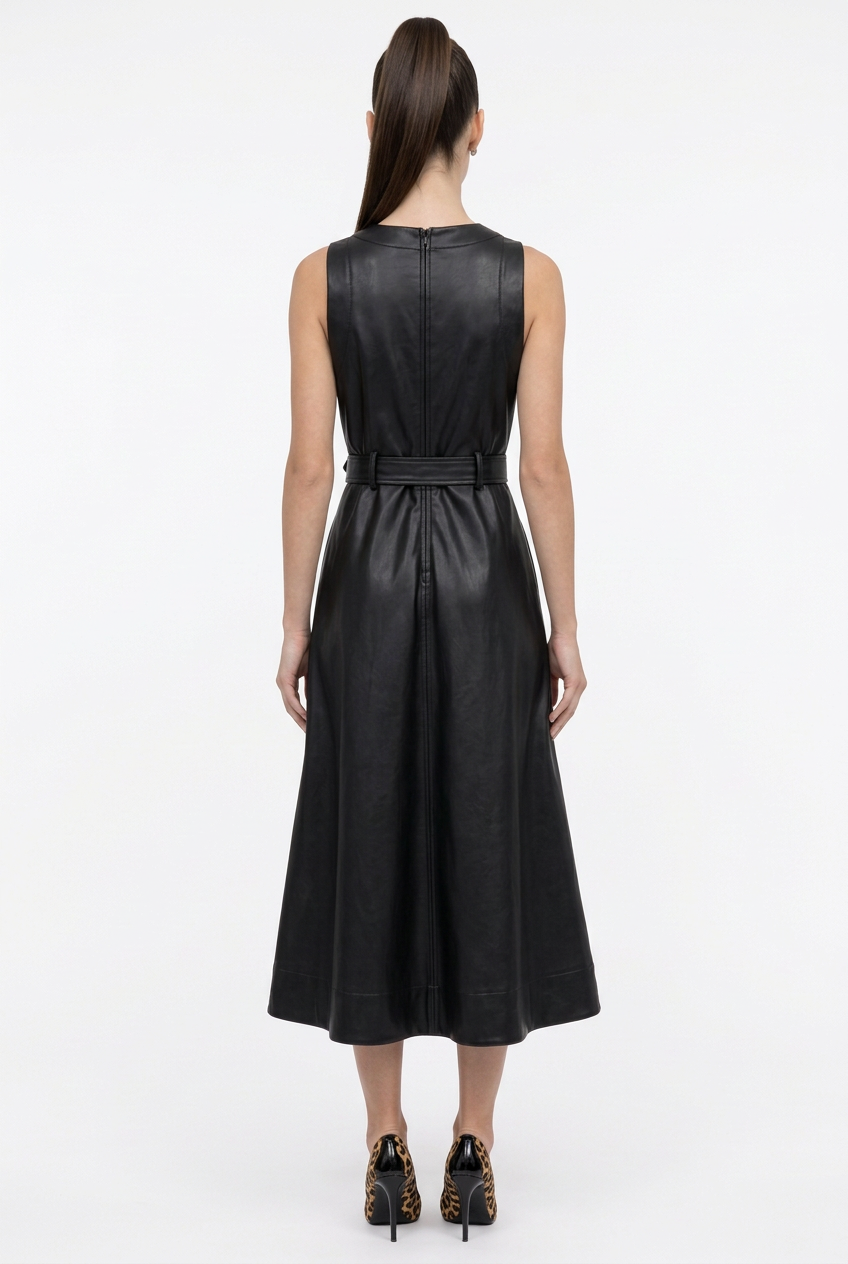 Back view of black faux leather sleeveless belted dress on Sloane