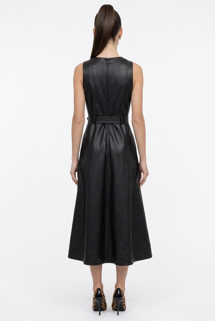 Back view of black faux leather sleeveless belted dress on Sloane