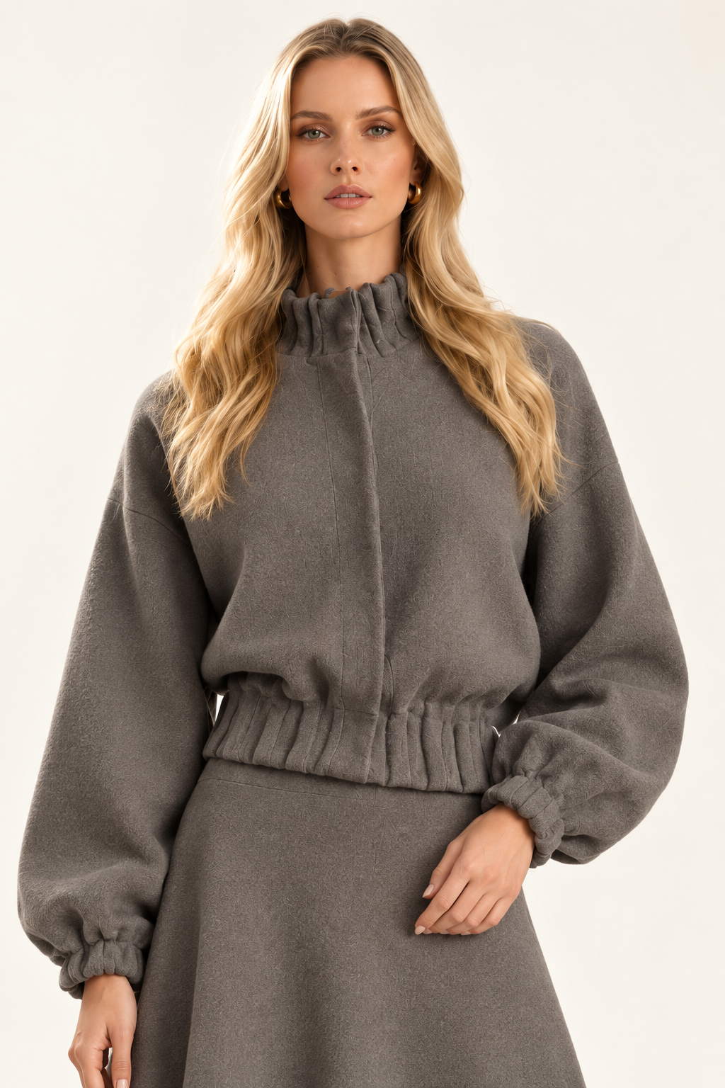 Maggie front view of plain Dark Stone High Neck Button Closure Jacket, showing gathered collar, sleeves and cropped waist