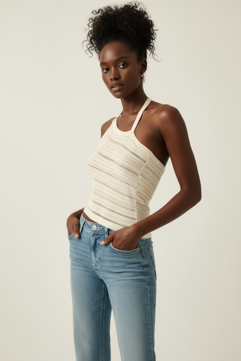 Off-white semi-sheer ladder knit asymmetrical halter top - three-quarter front view on white background