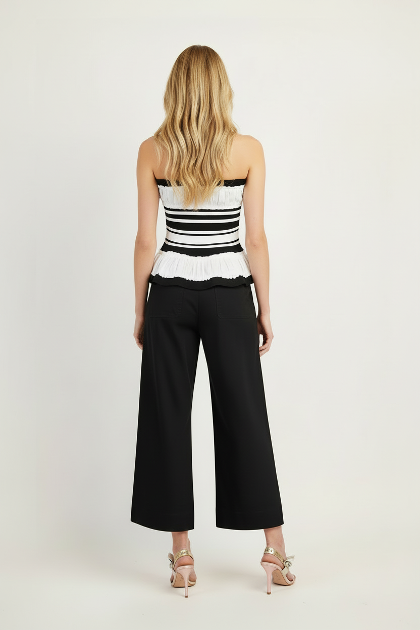 Scalloped Pocket Straight Leg Pants - Back view with Beciga blonde model and pink sandals