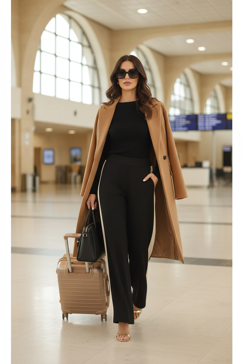 Model wearing black wide-leg pants with an ivory side stripe while traveling through an airport with a carry-on suitcase