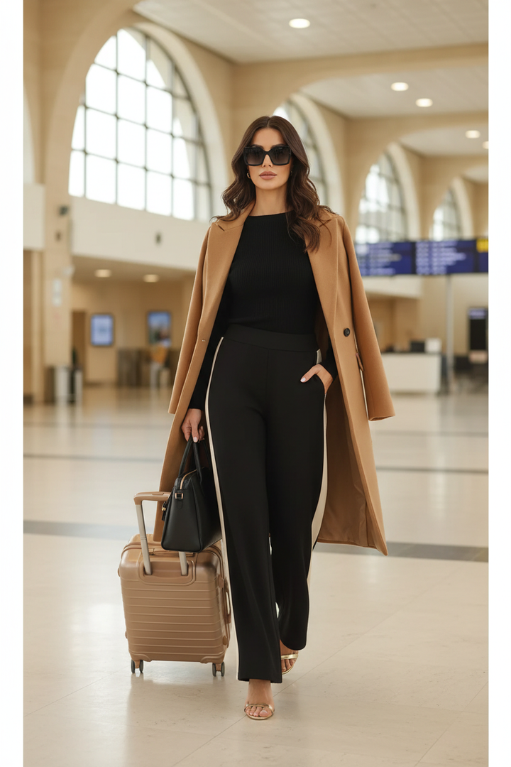 Model wearing black wide-leg pants with an ivory side stripe while traveling through an airport with a carry-on suitcase