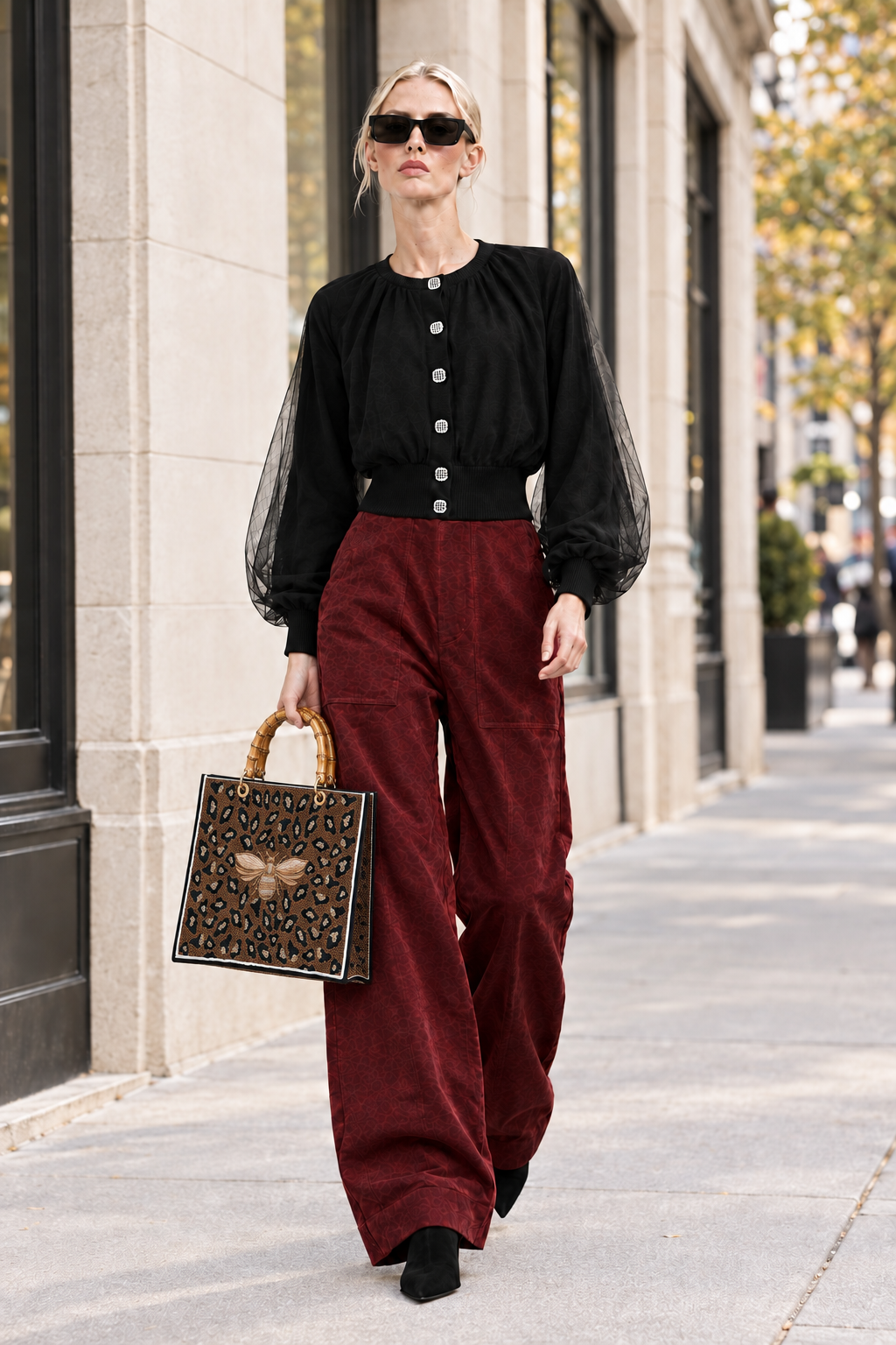 Blonde model wearing Vino corduroy barrel pants, black top and boots while carrying leopard beaded tote on a city sidewalk